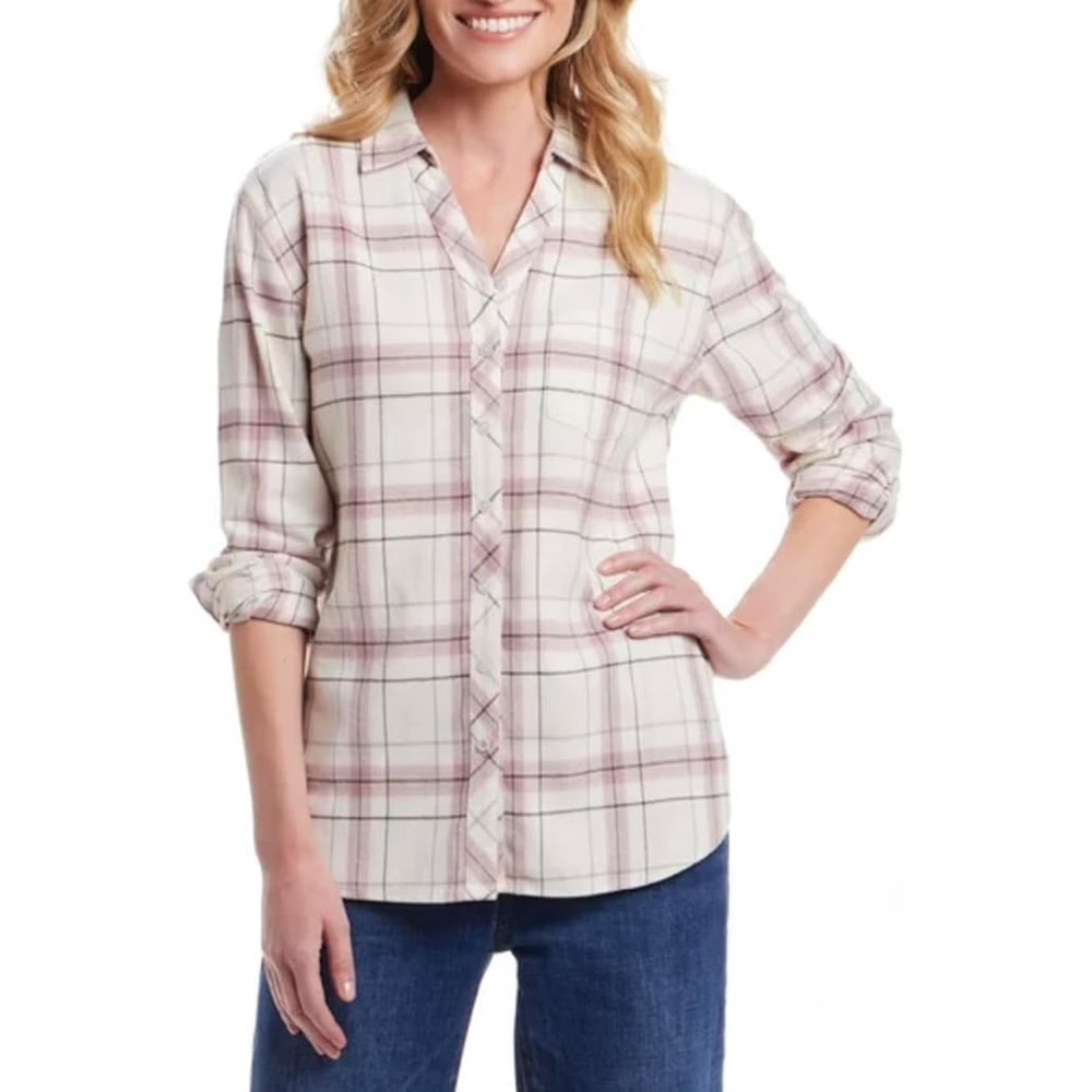 Weatherproof Women's M Plaid Blouse Pink Cotton Blend H0145